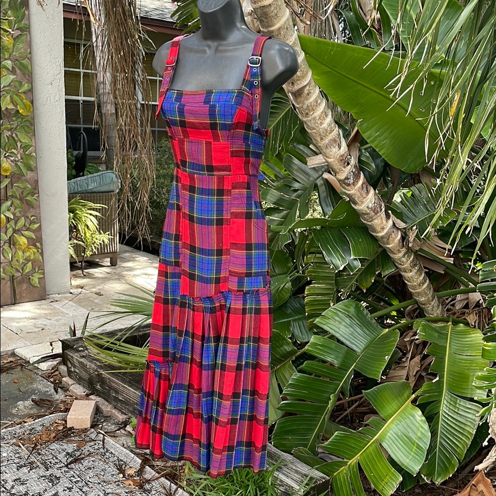 BDG drop waste plaid overall slip dress